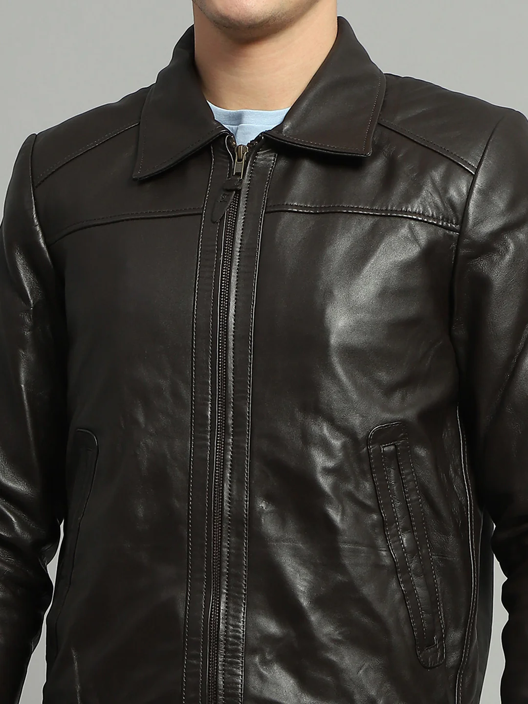 Men Brown Solid Collar Full Sleeve Jacket - Image 7