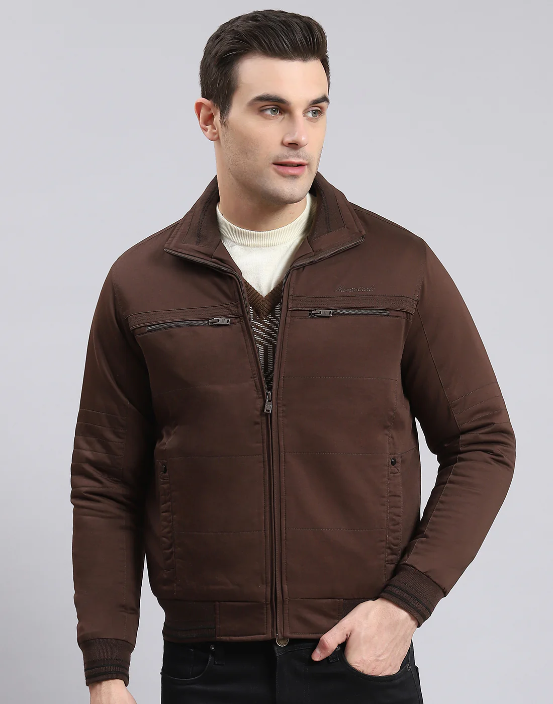 Men Brown Solid Collar Full Sleeve Jacket - Image 2