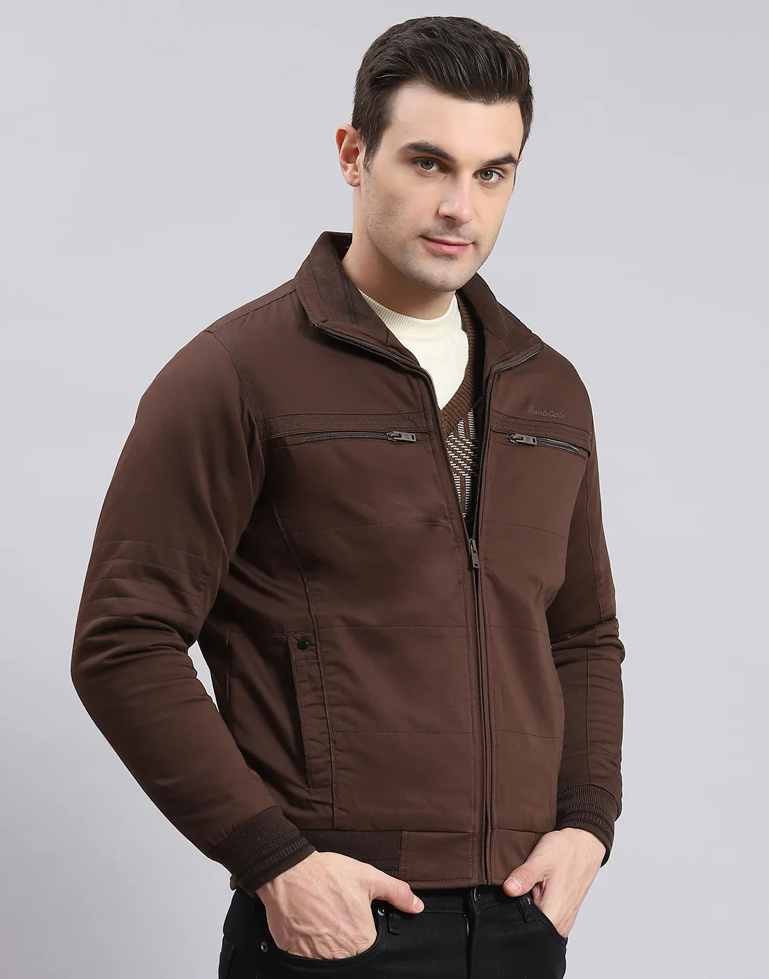 Men Brown Solid Collar Full Sleeve Jacket - Image 3