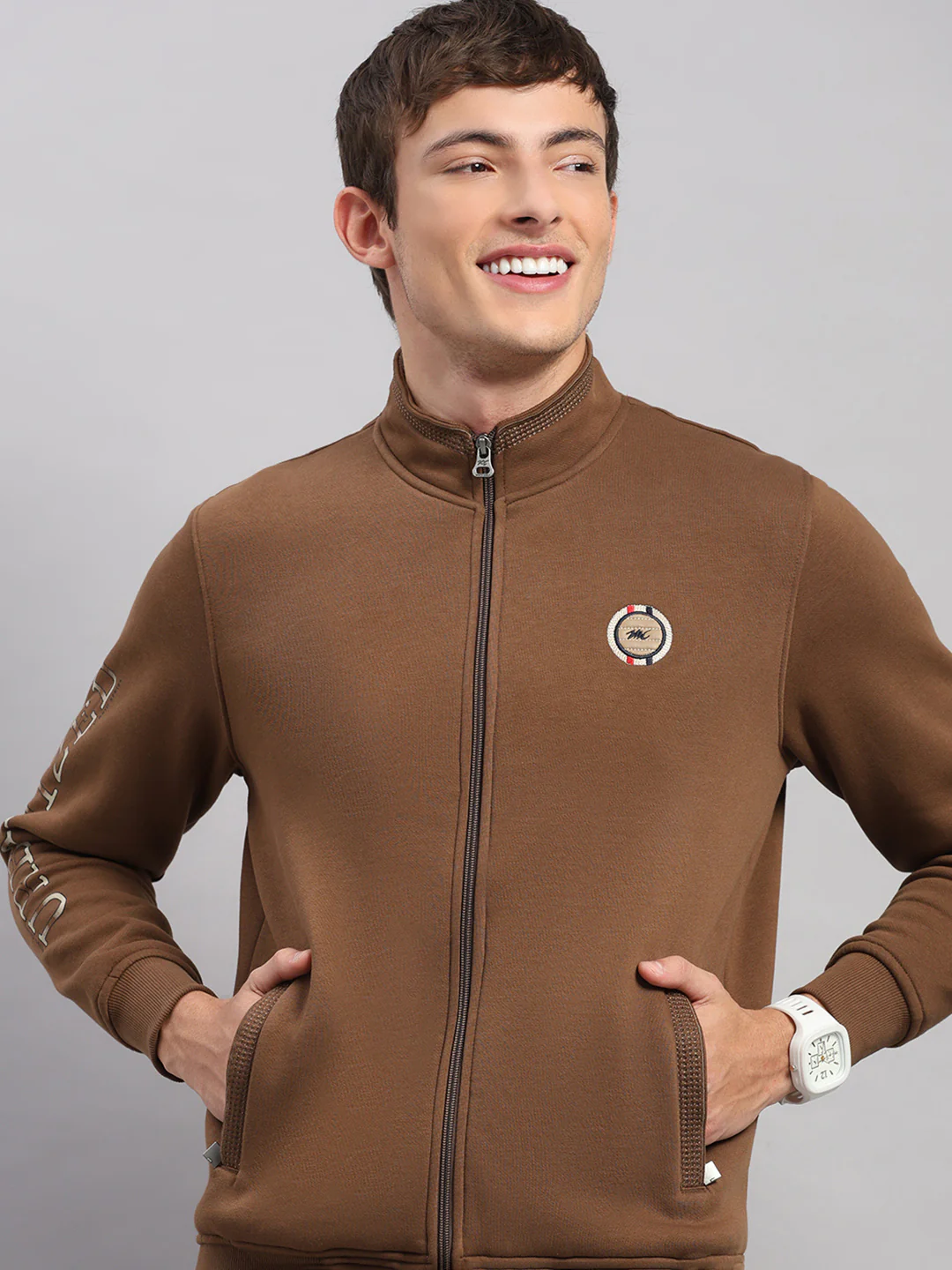 Men Brown Solid Collar Full Sleeve Winter Tracksuit - Image 7