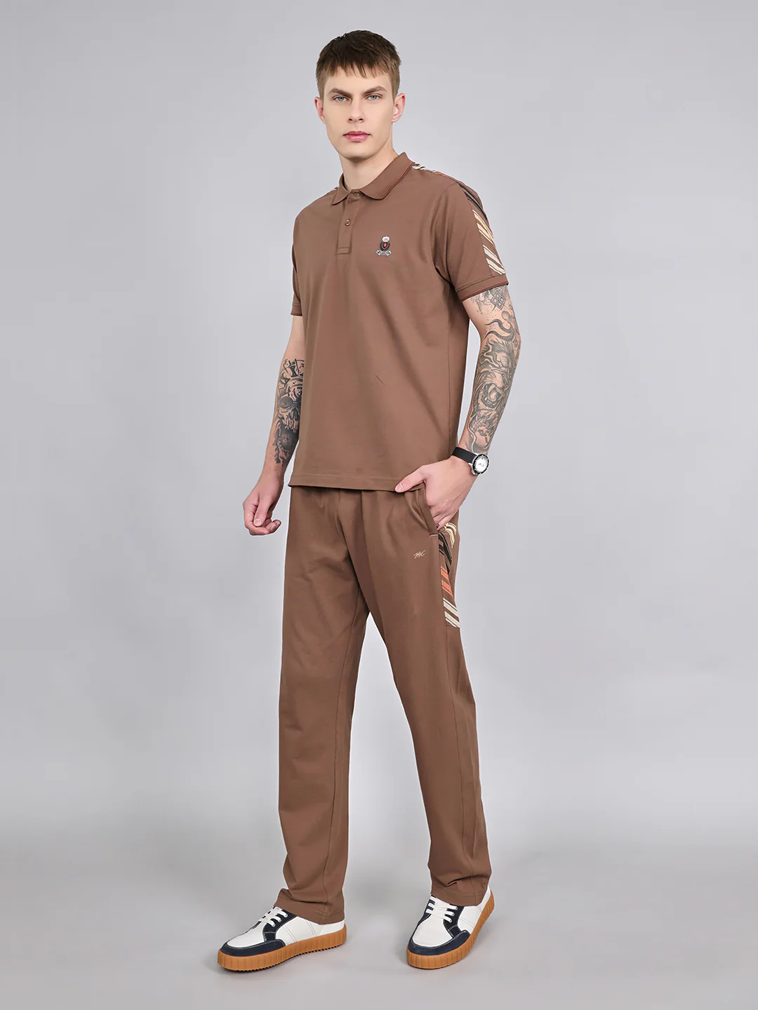 Men Brown Solid Collar Half Sleeve Lower Set - Image 2