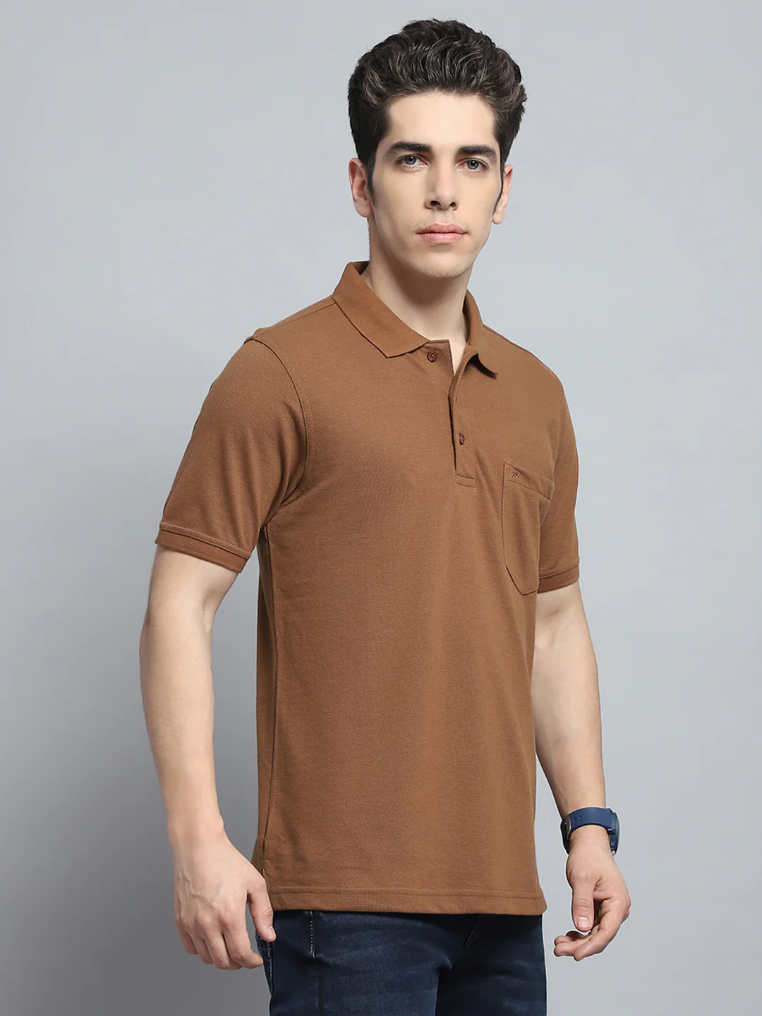 Men Brown Solid Collar Half Sleeve T-Shirt - Image 4