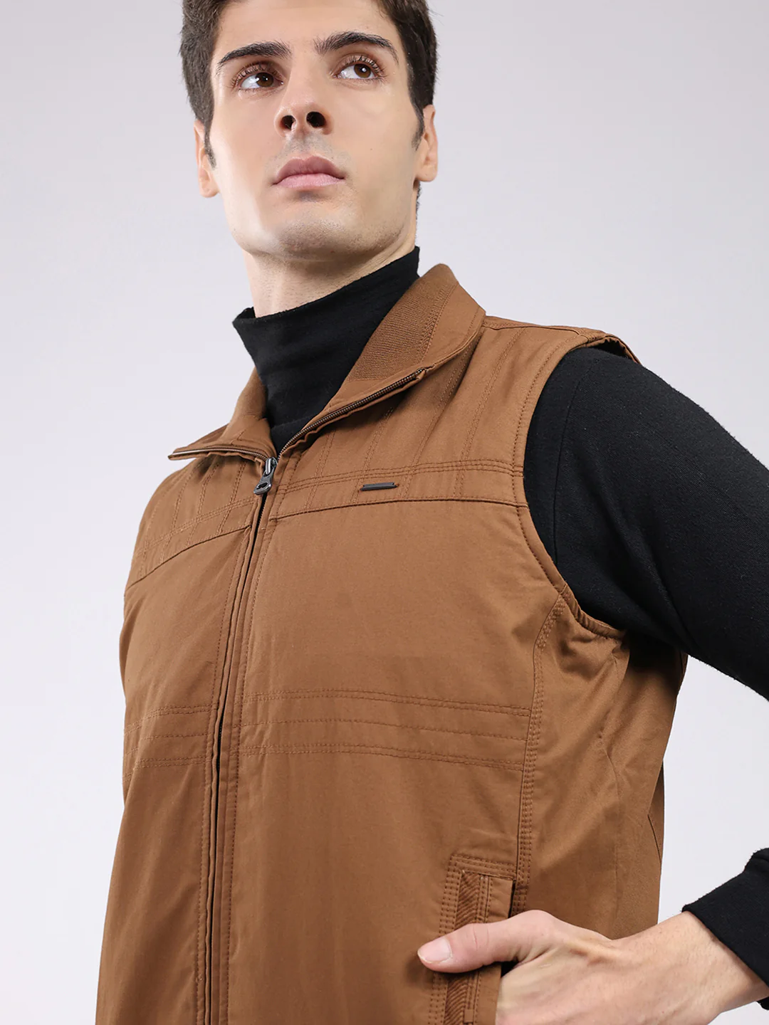 Men Brown Solid Collar Sleeveless Jacket - Image 7
