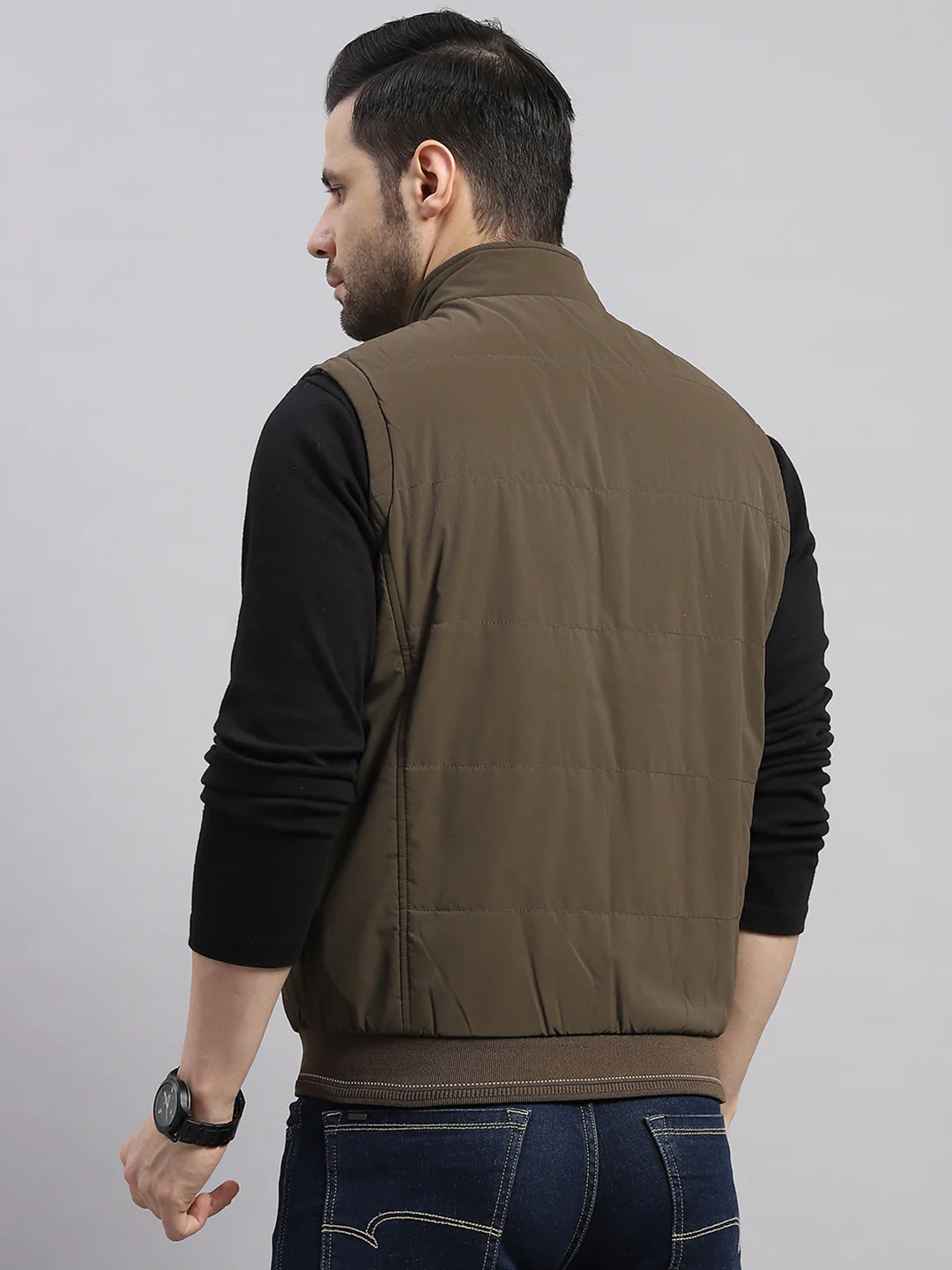 Men Brown Solid Collar Sleeveless Reversible Jacket - Image 5