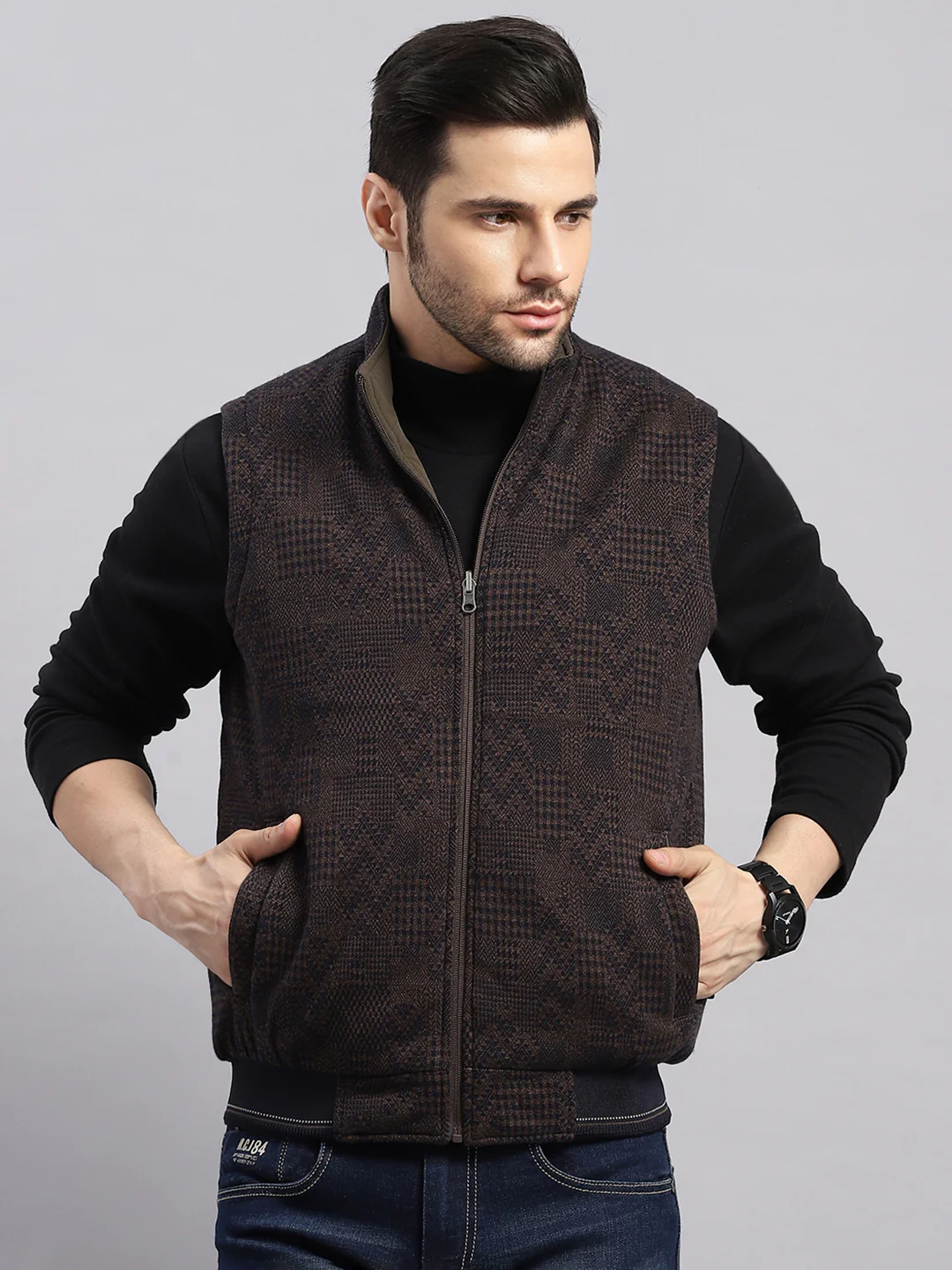 Men Brown Solid Collar Sleeveless Reversible Jacket - Image 6