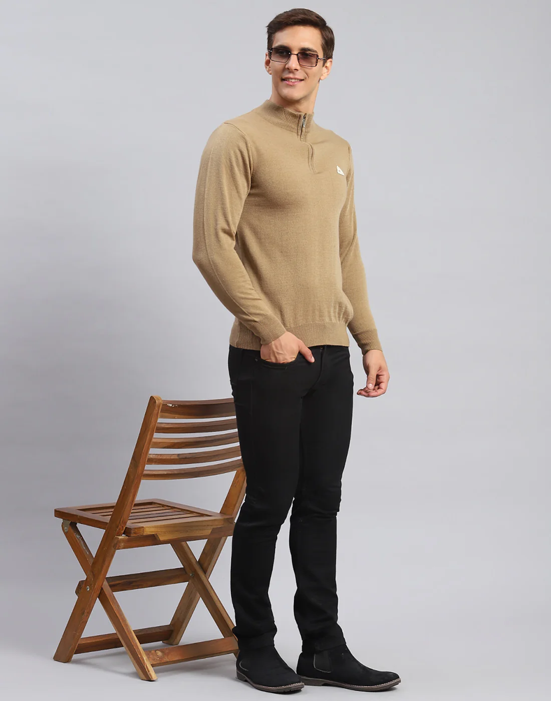 Men Brown Solid High Neck Full Sleeve Pullover - Image 2