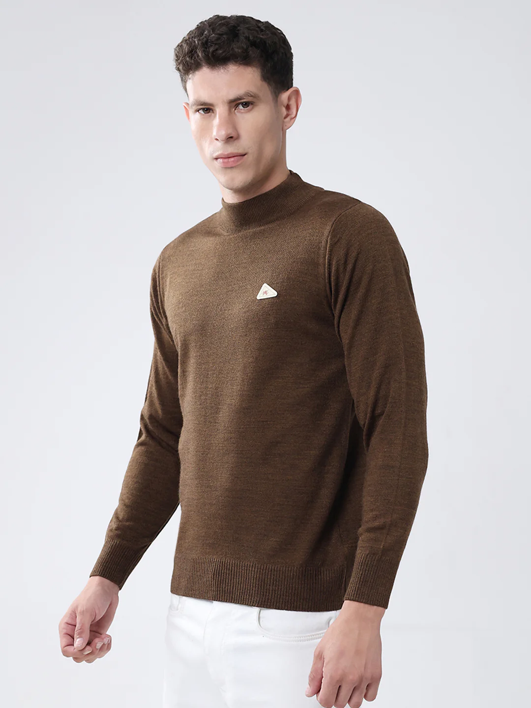 Men Brown Solid High Neck Full Sleeve Pullover - Image 3