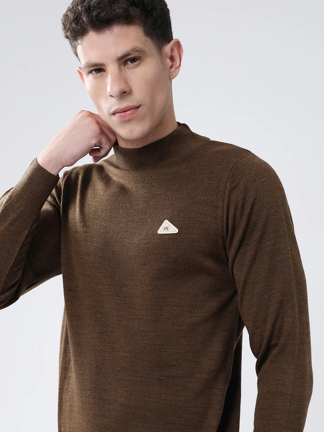Men Brown Solid High Neck Full Sleeve Pullover - Image 6