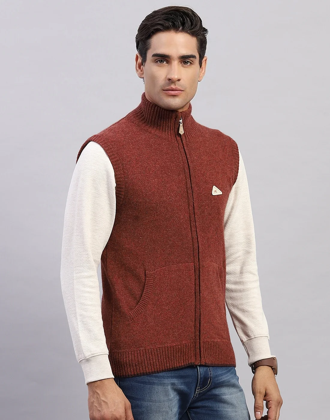 Men Brown Solid High Neck Sleeveless Sweater - Image 4