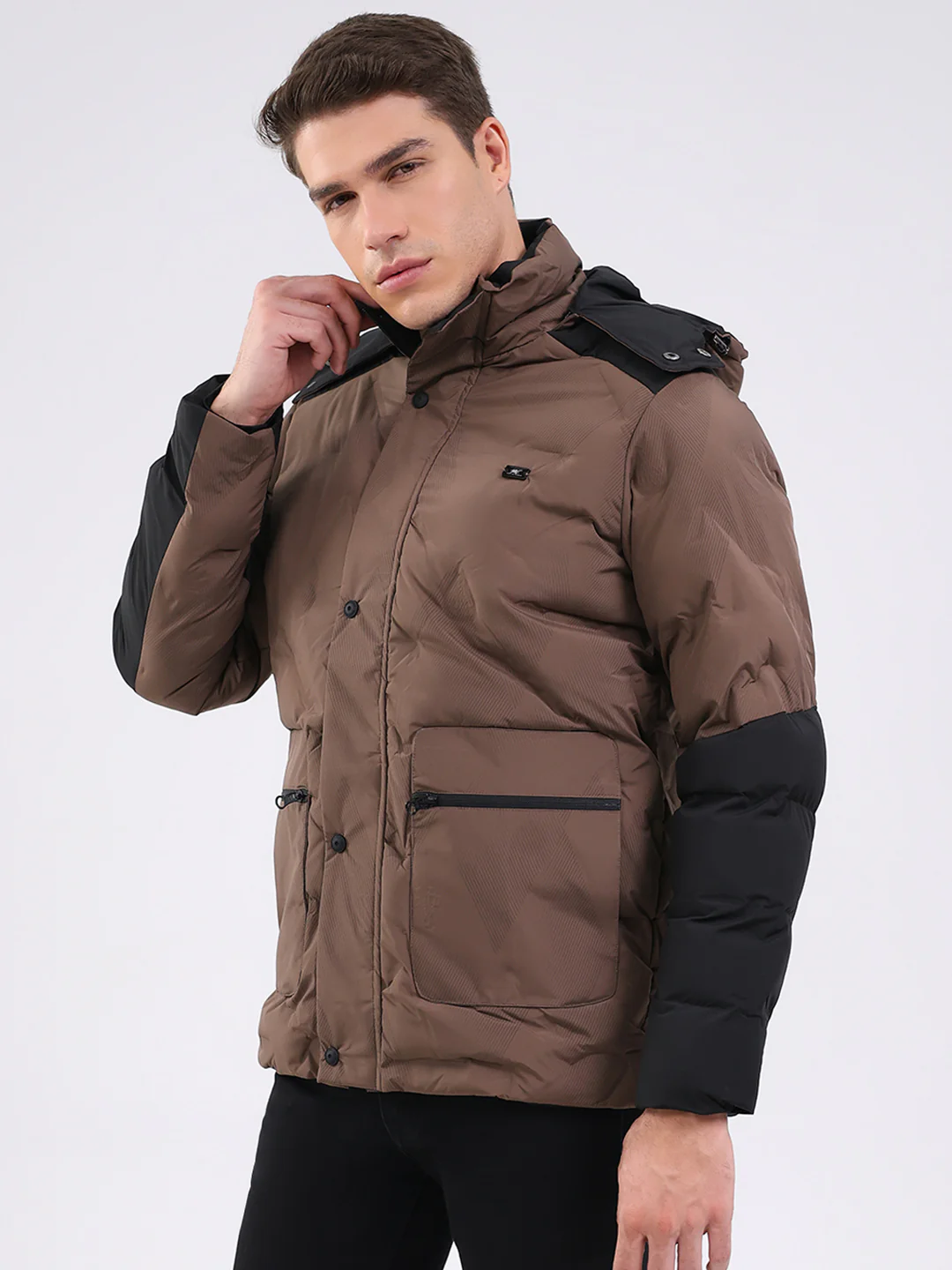 Men Brown Solid Hooded Full Sleeve Jacket - Image 3