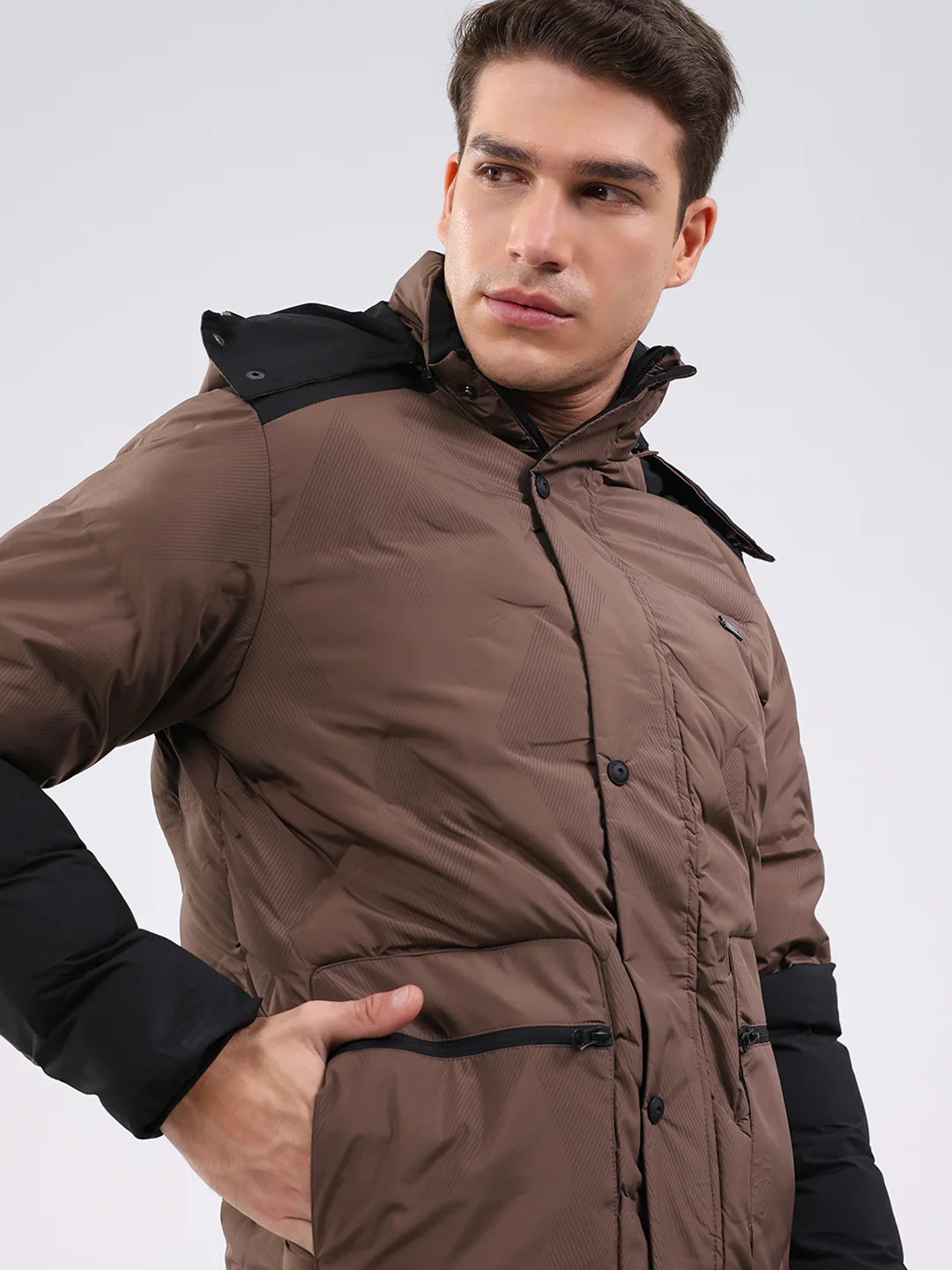 Men Brown Solid Hooded Full Sleeve Jacket - Image 6