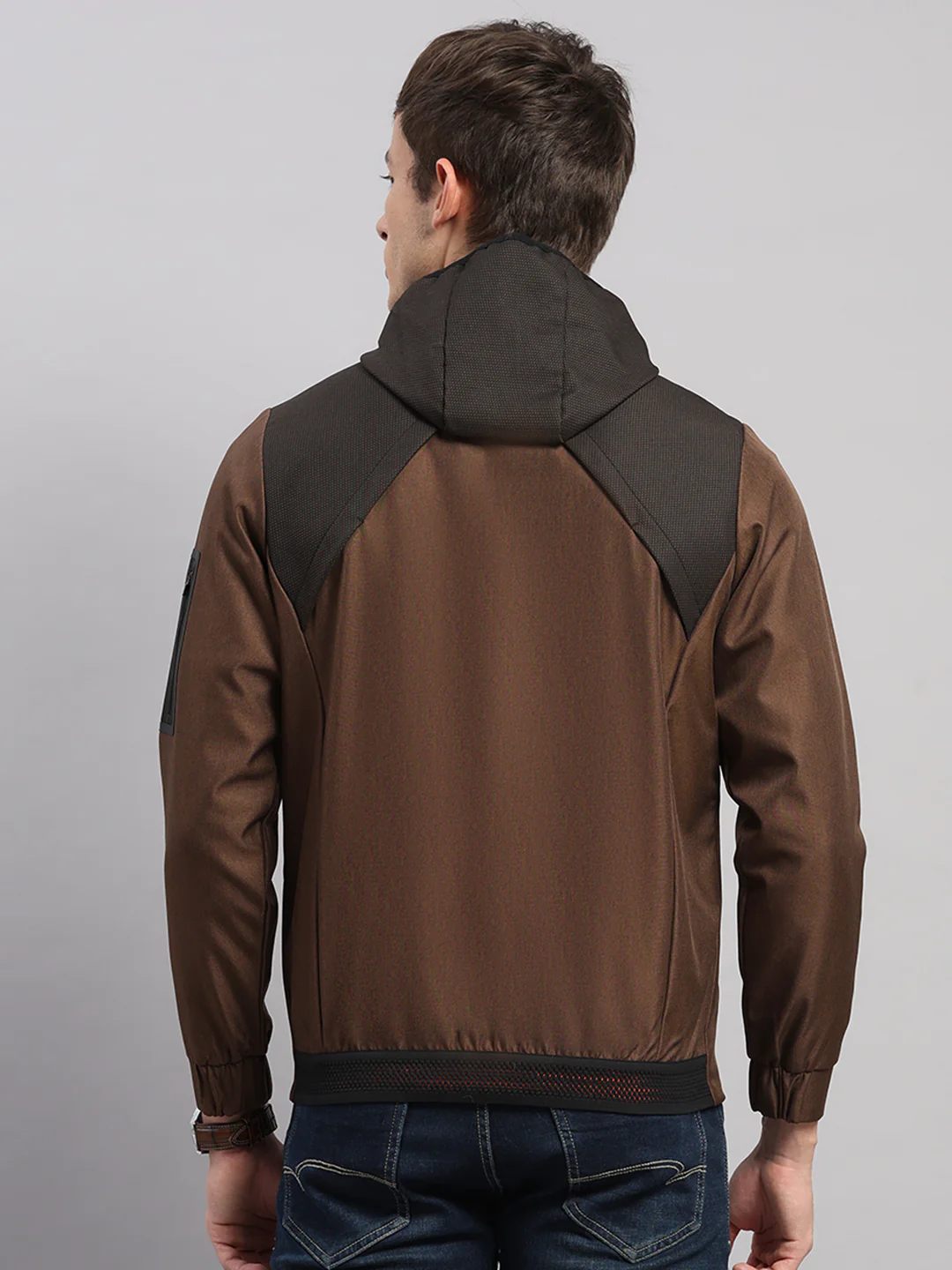 Men Brown Solid Hooded Full Sleeve Jacket - Image 5