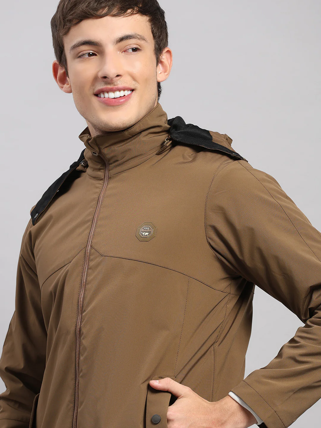 Men Brown Solid Hooded Full Sleeve Jacket - Image 10