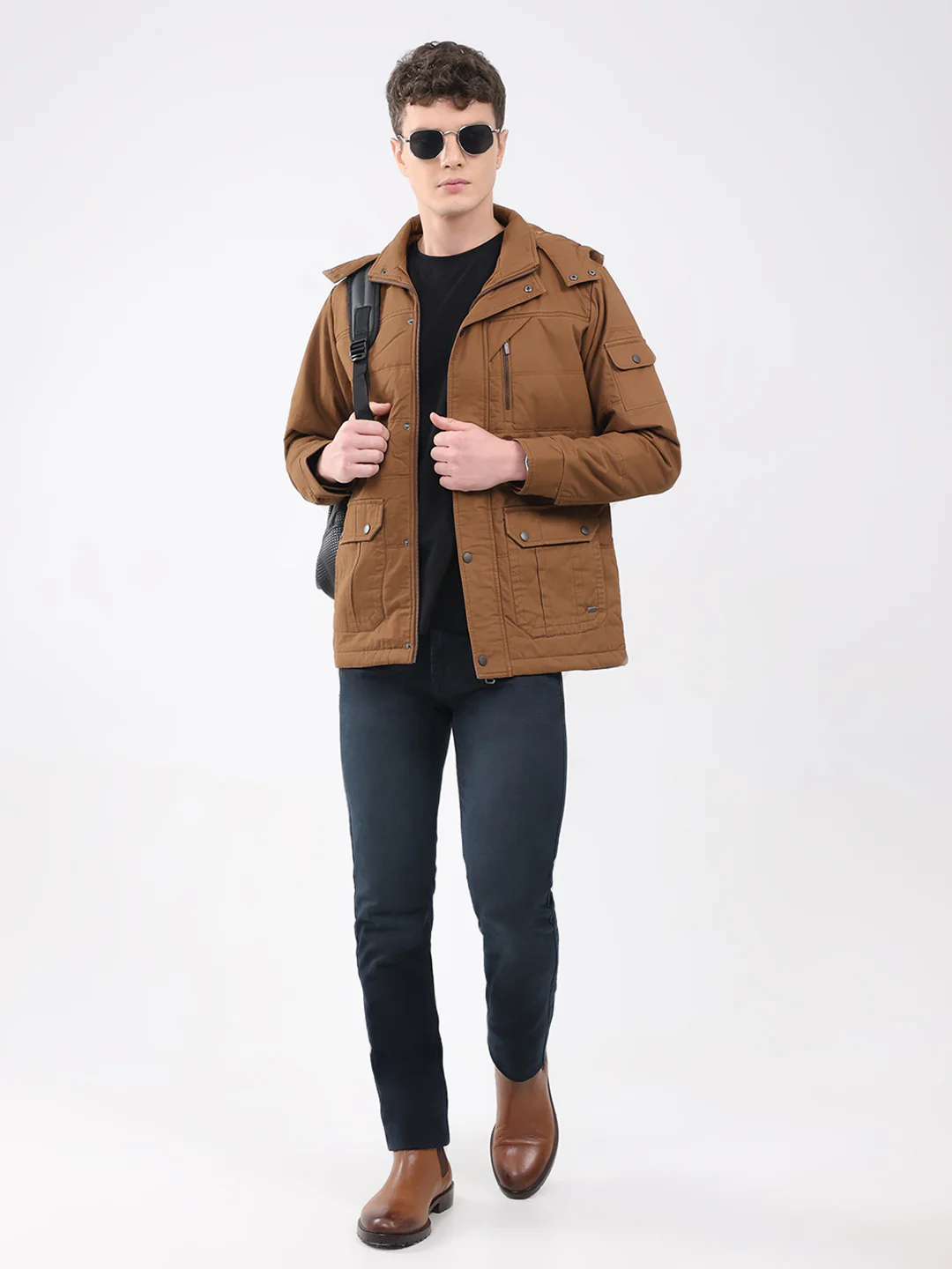 Men Brown Solid Hooded Full Sleeve Jacket - Image 2