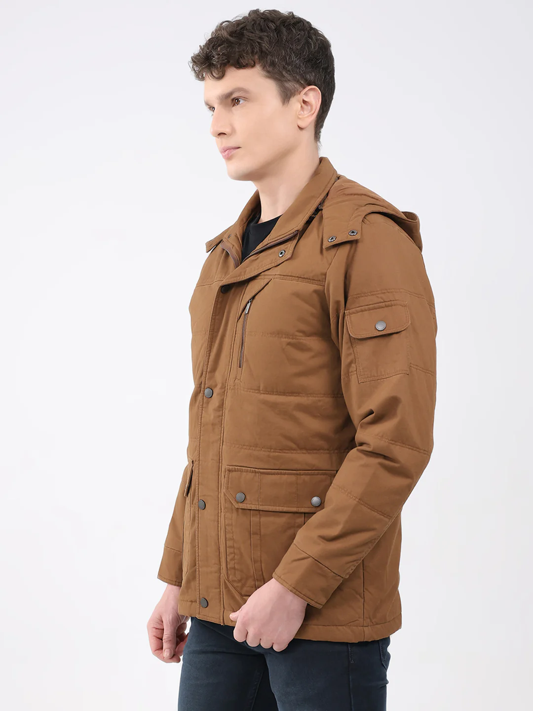 Men Brown Solid Hooded Full Sleeve Jacket - Image 3