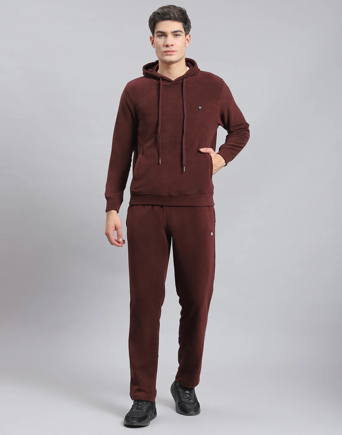 Men Brown Solid Hooded Full Sleeve Tracksuit - Image 2