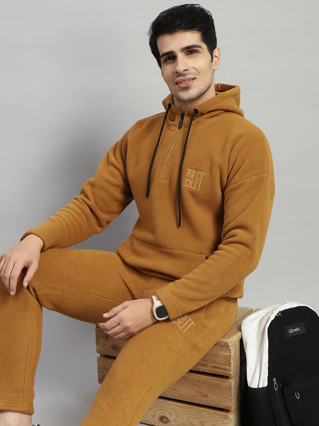Rock.it Men Brown Solid Hooded Full Sleeve Winter Tracksuit - Image 6