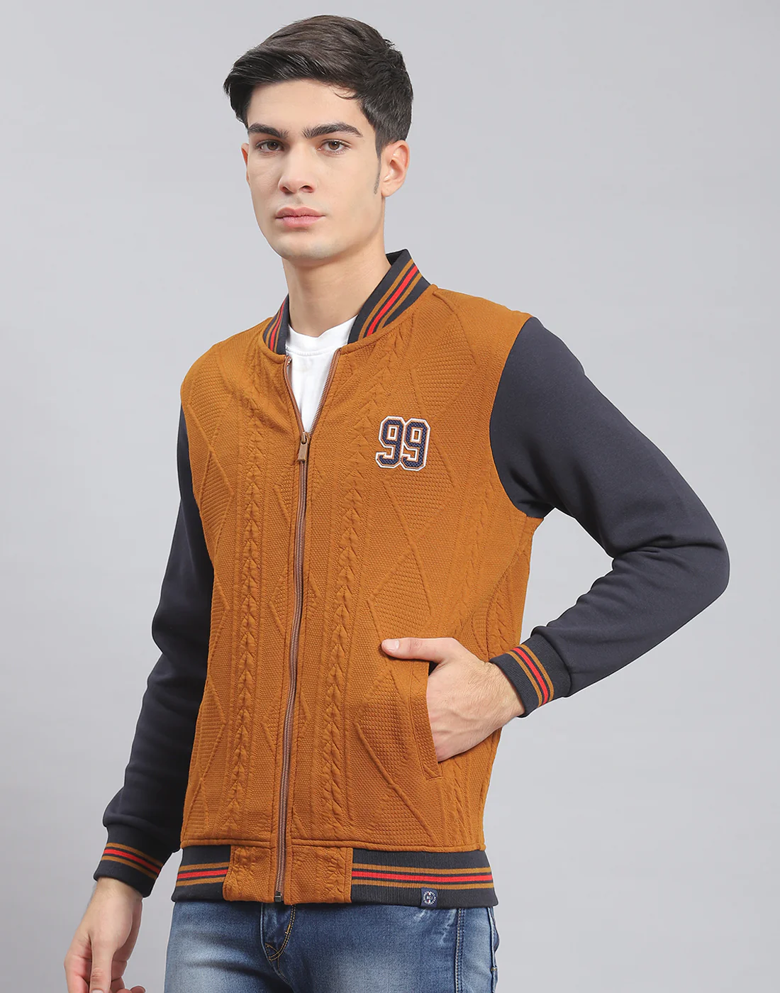 Men Brown Solid Mandarin Collar Full Sleeve Sweatshirt - Image 3