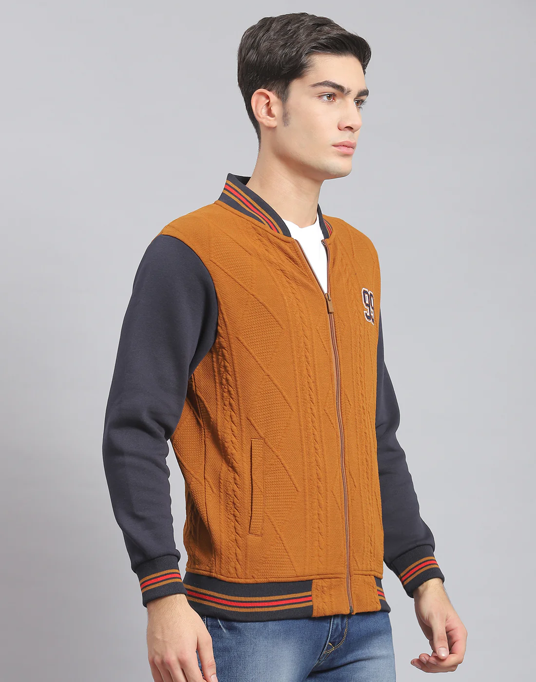Men Brown Solid Mandarin Collar Full Sleeve Sweatshirt - Image 4