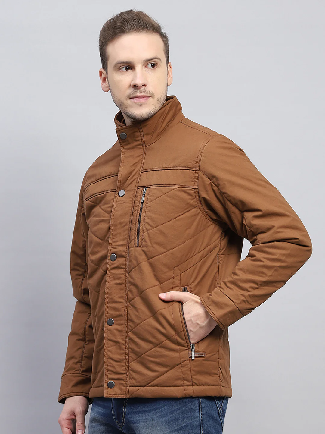 Men Brown Solid Mock Neck Full Sleeve Jacket - Image 3