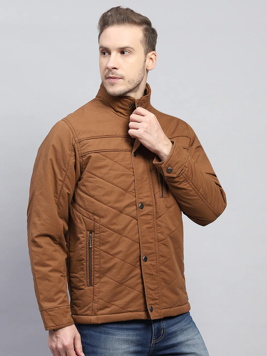 Men Brown Solid Mock Neck Full Sleeve Jacket - Image 4