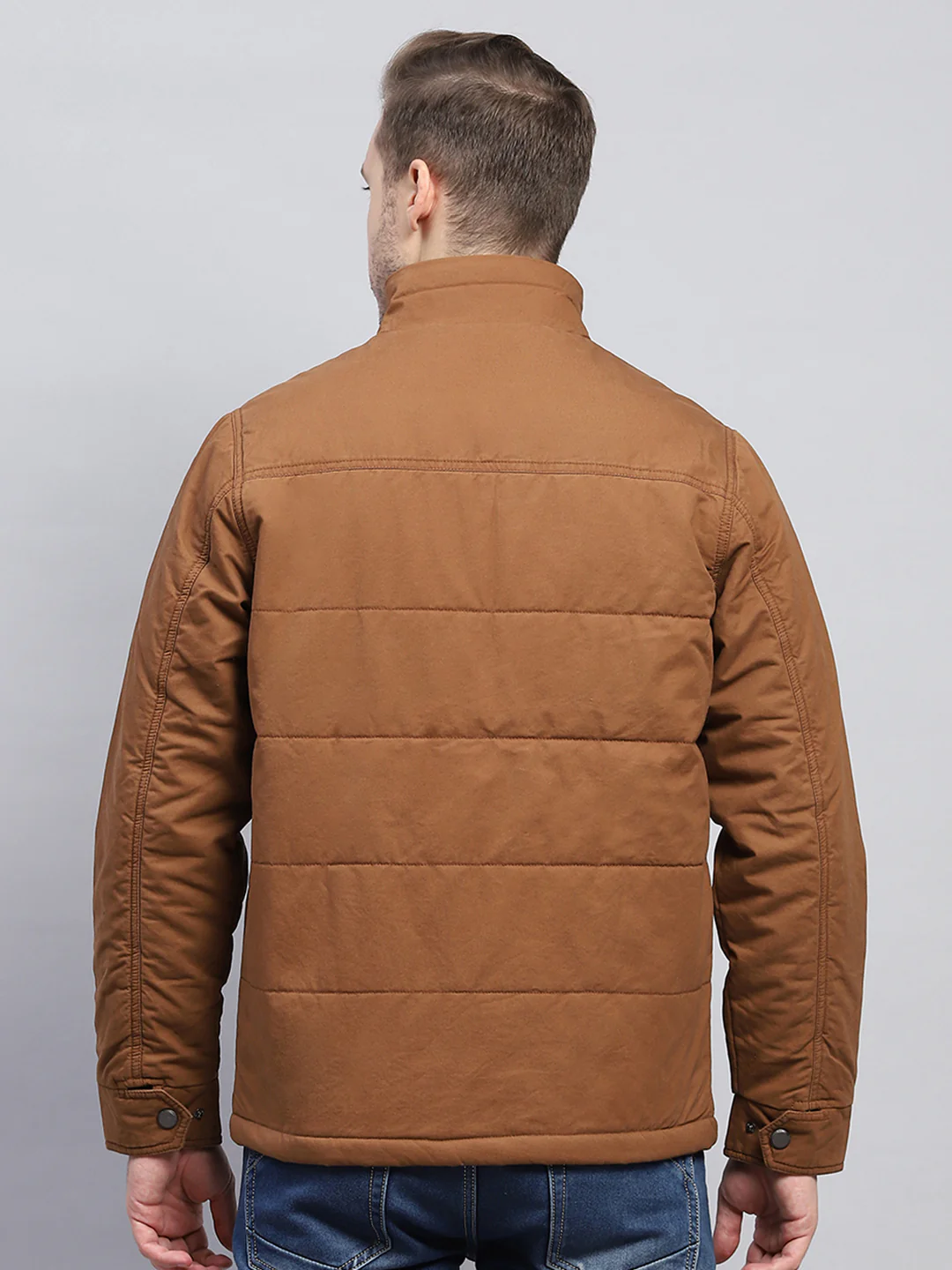 Men Brown Solid Mock Neck Full Sleeve Jacket - Image 5