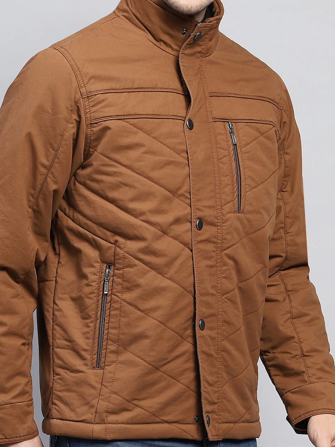 Men Brown Solid Mock Neck Full Sleeve Jacket - Image 6
