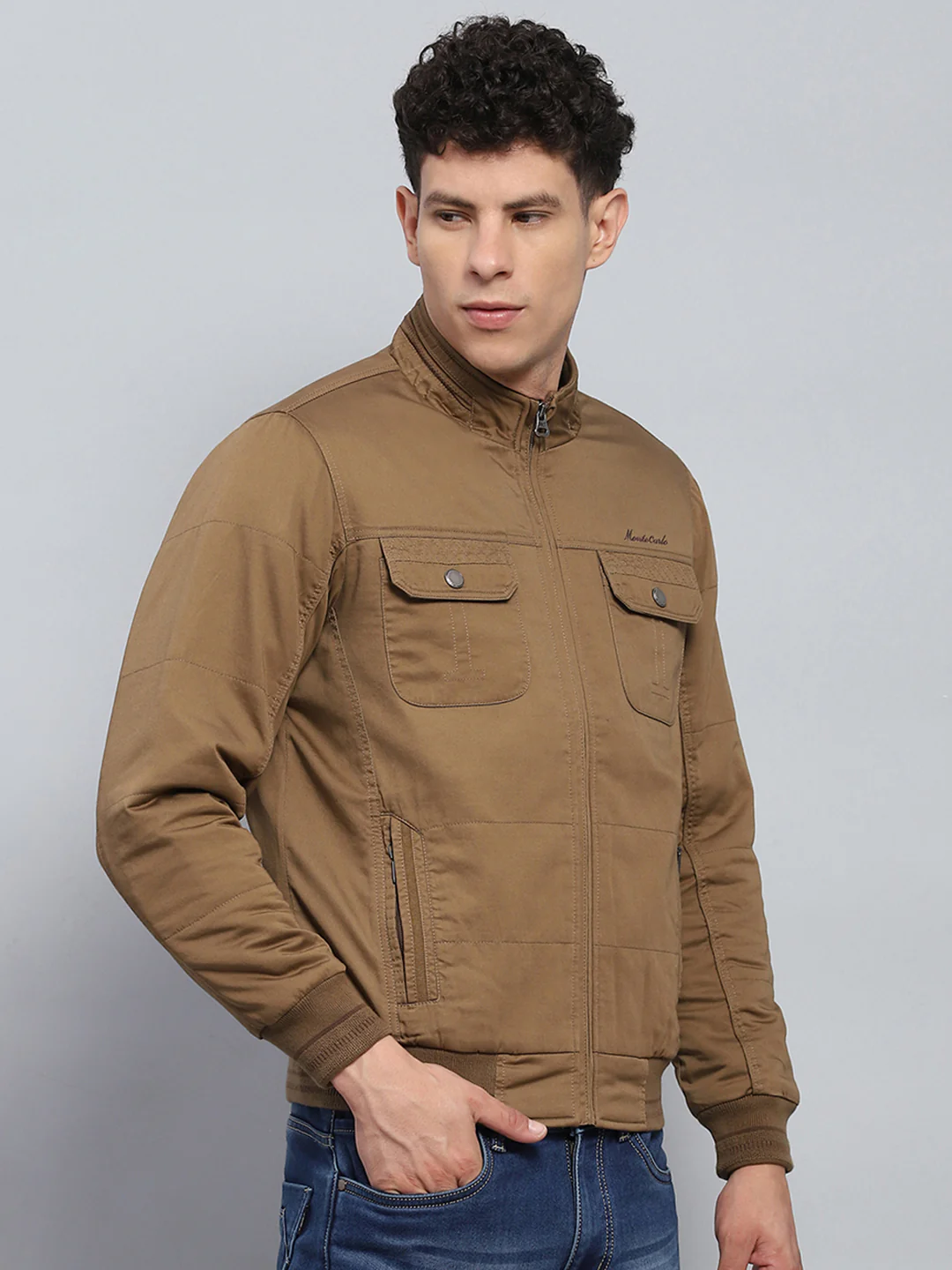 Men Brown Solid Mock Neck Full Sleeve Jacket - Image 4