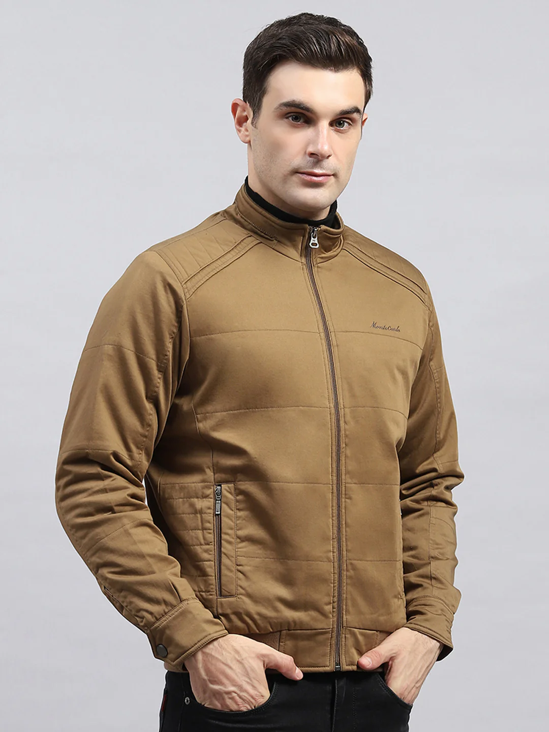 Men Brown Solid Mock Neck Full Sleeve Jacket - Image 4