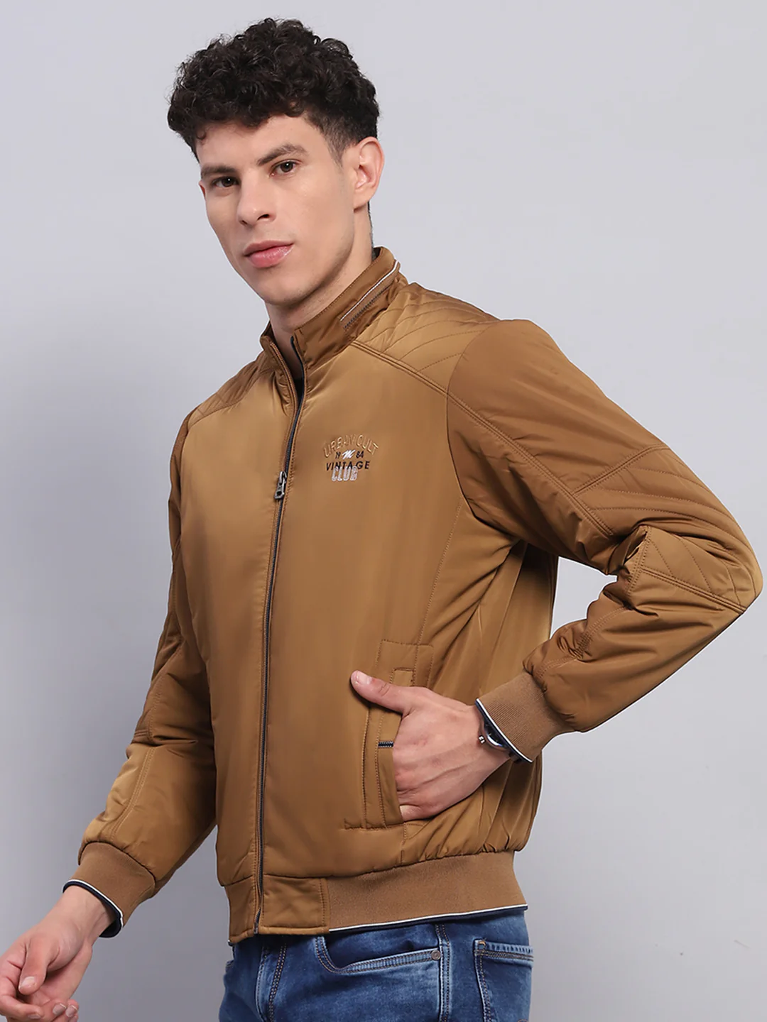 Men Brown Solid Mock Neck Full Sleeve Jacket - Image 3