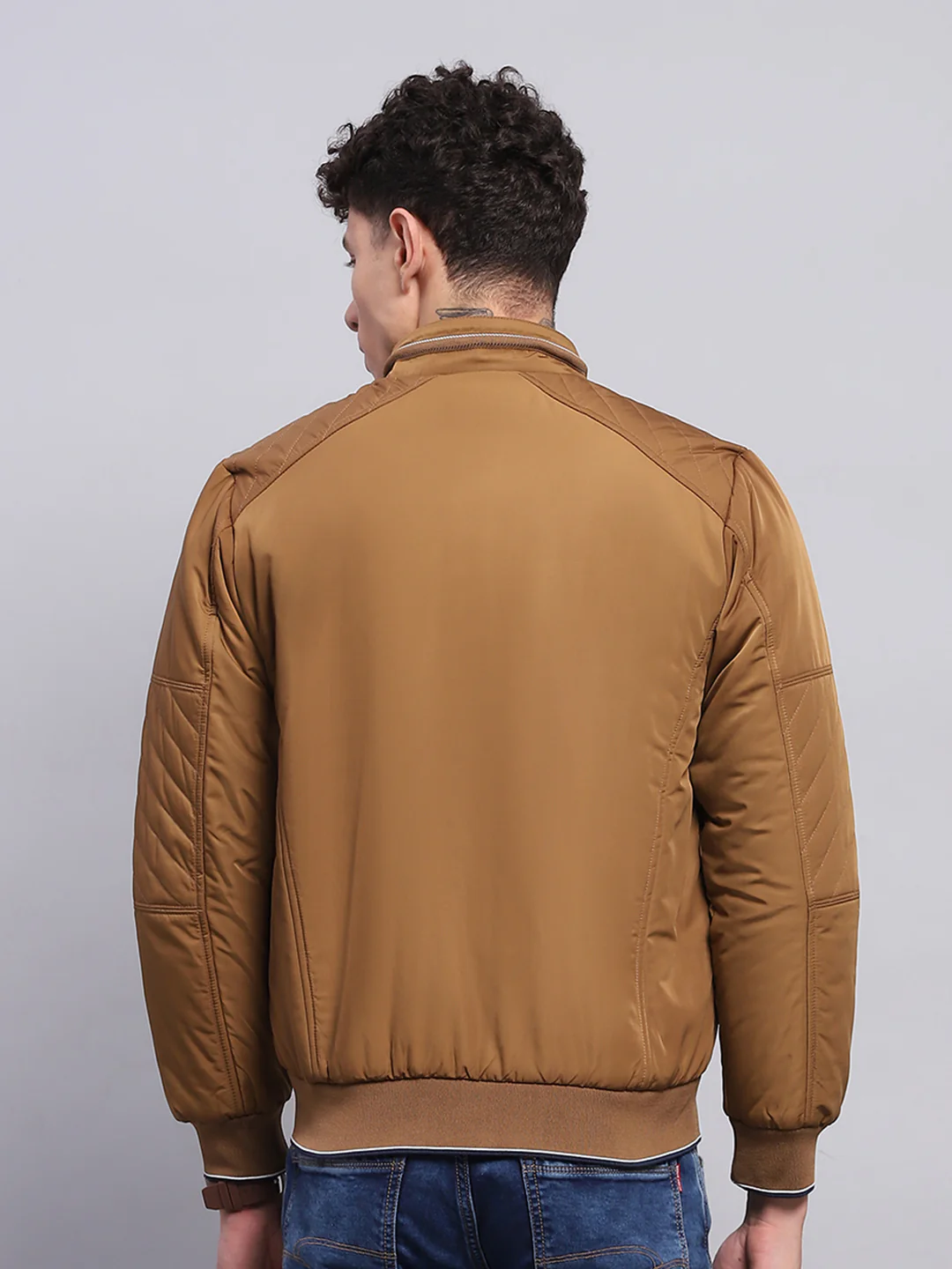 Men Brown Solid Mock Neck Full Sleeve Jacket - Image 5