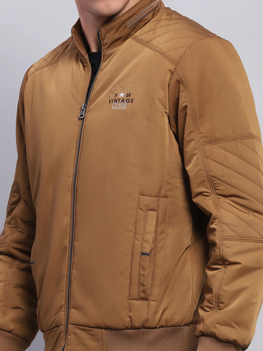 Men Brown Solid Mock Neck Full Sleeve Jacket - Image 6