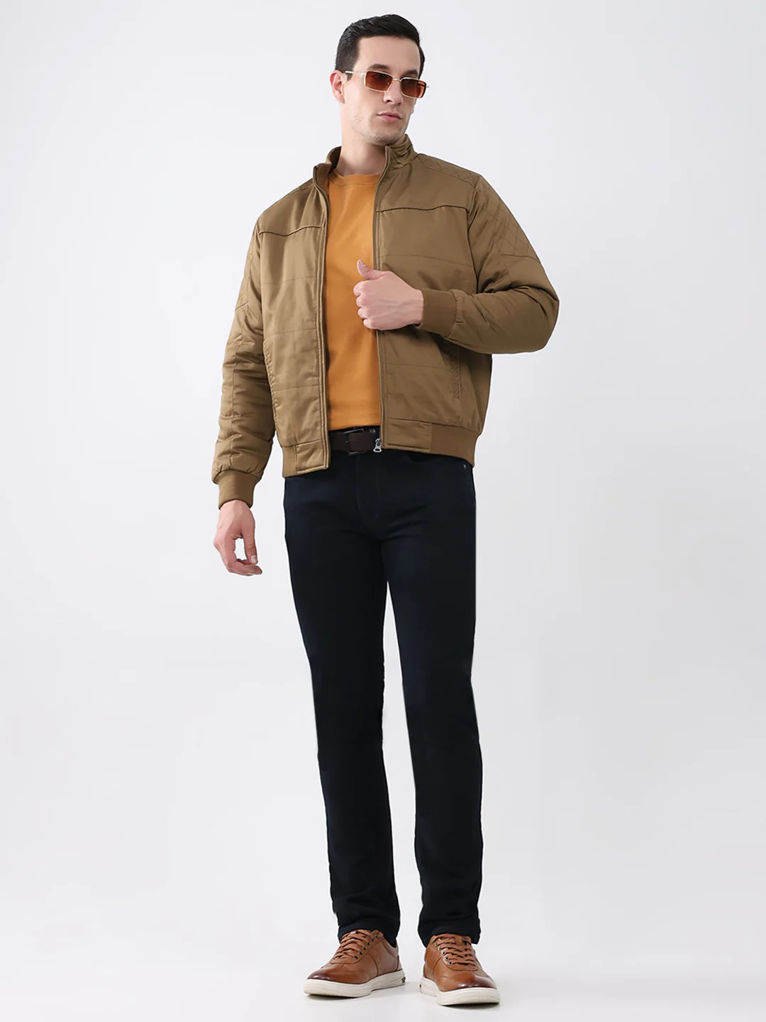 Men Brown Solid Mock Neck Full Sleeve Jacket - Image 2