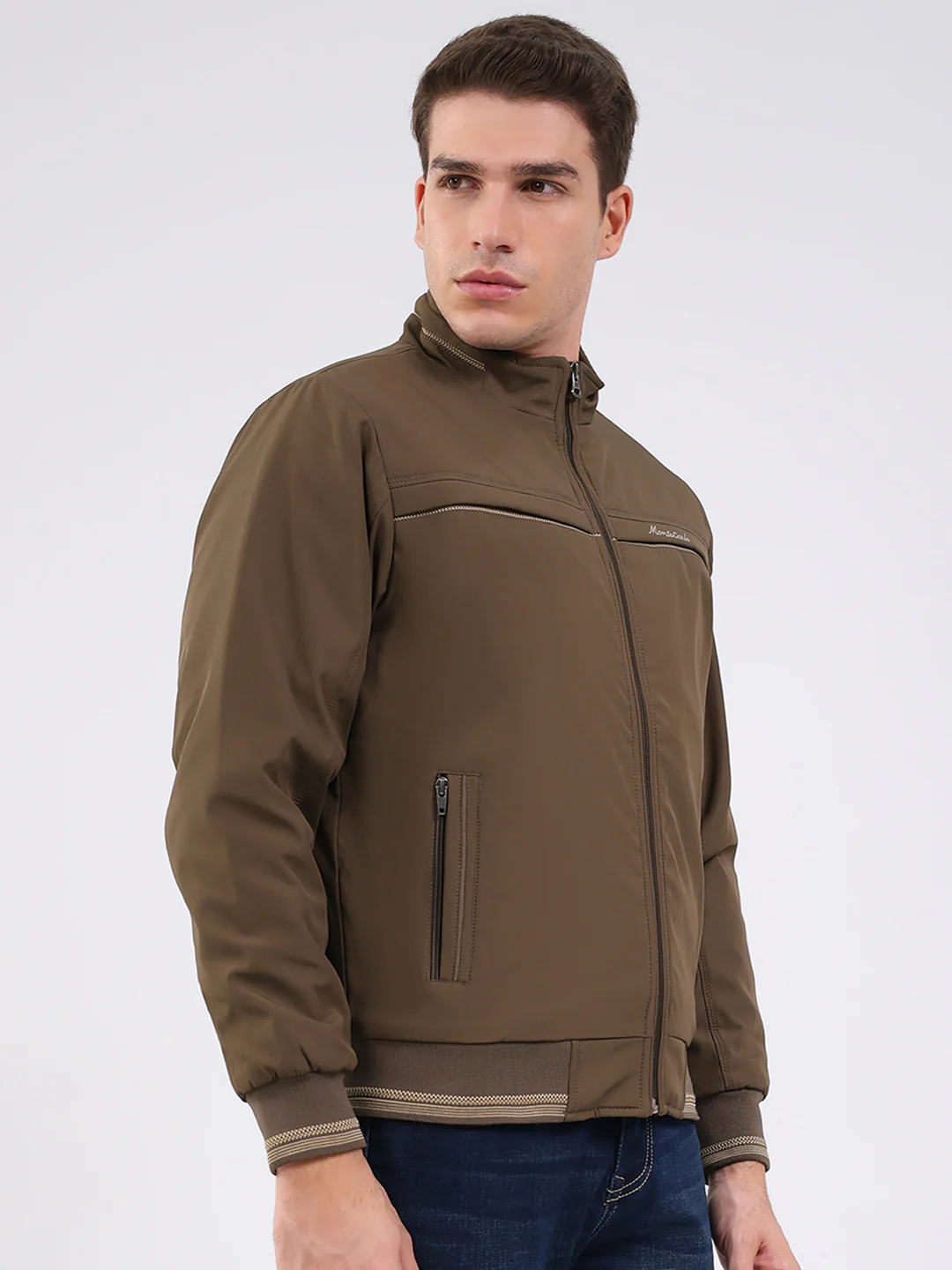 Men Brown Solid Mock Neck Full Sleeve Jacket - Image 4