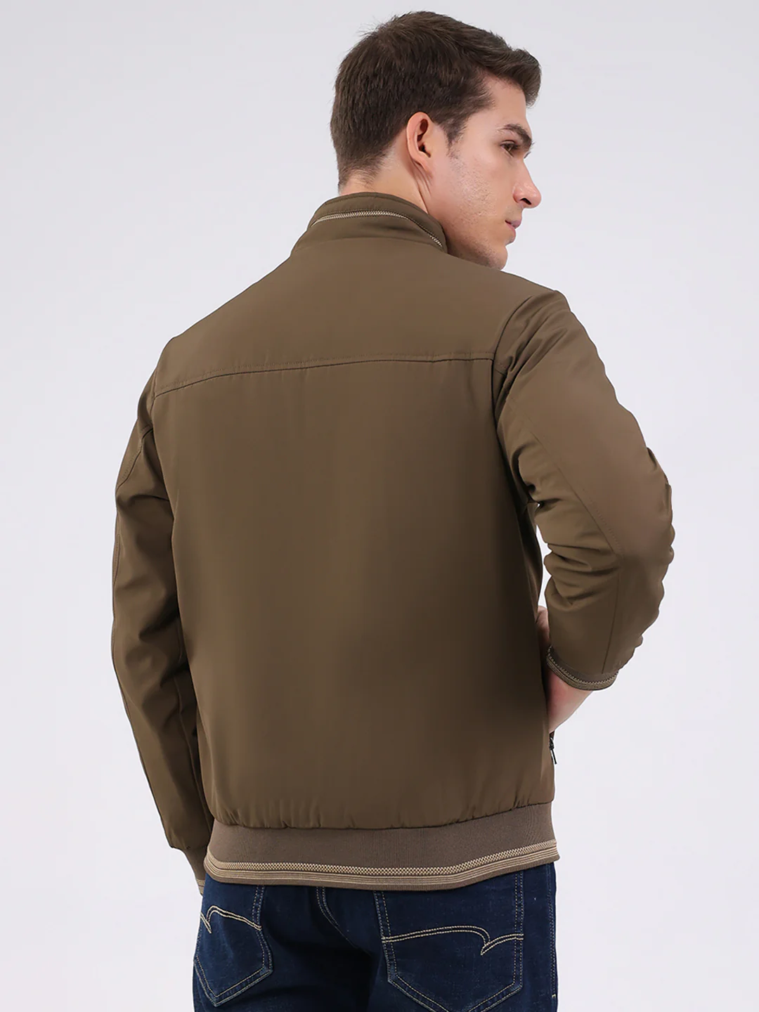 Men Brown Solid Mock Neck Full Sleeve Jacket - Image 5