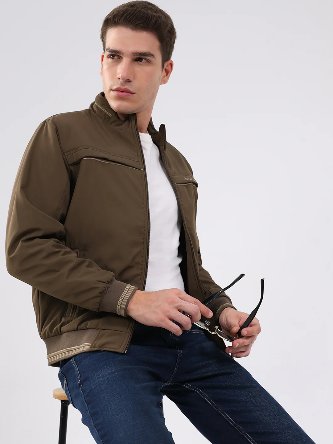 Men Brown Solid Mock Neck Full Sleeve Jacket - Image 6