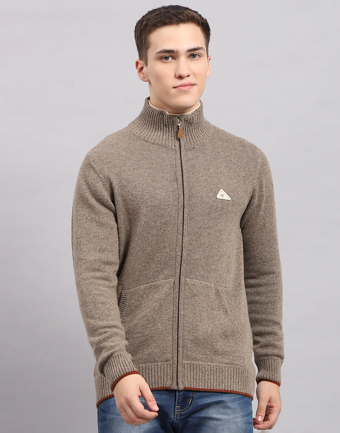 Men Brown Solid Mock Neck Full Sleeve Pullover - Image 2