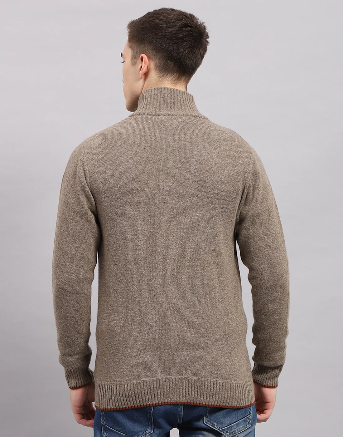 Men Brown Solid Mock Neck Full Sleeve Pullover - Image 5