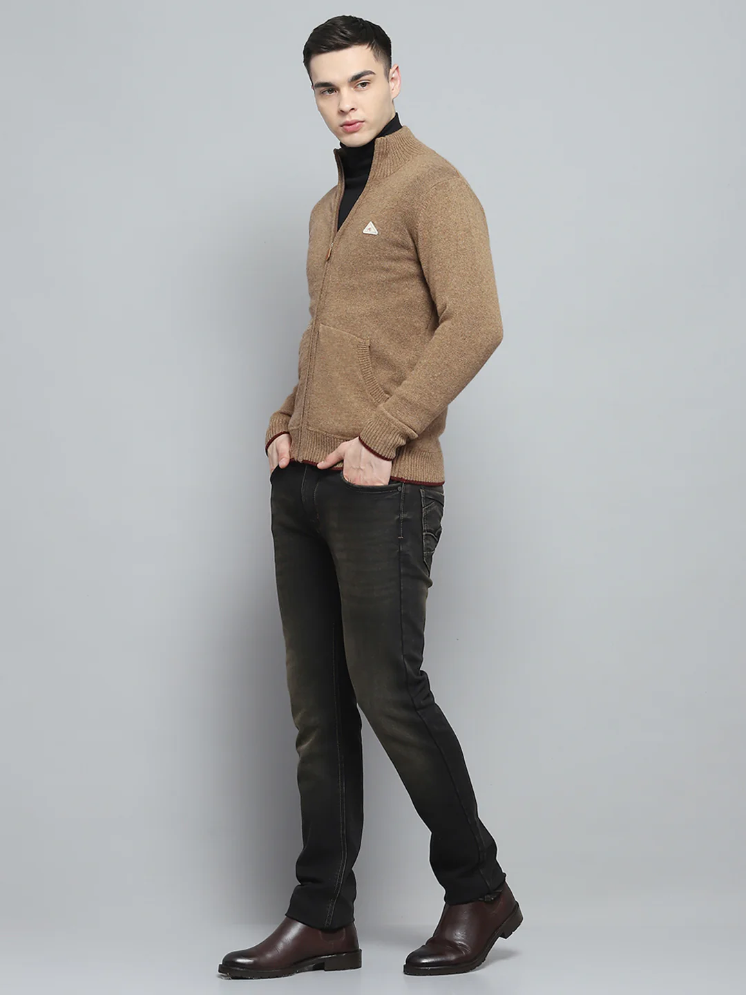 Men Brown Solid Mock Neck Full Sleeve Pullover - Image 2