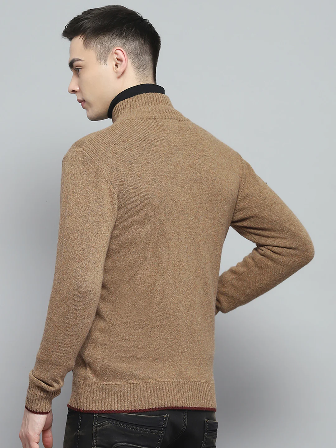 Men Brown Solid Mock Neck Full Sleeve Pullover - Image 5