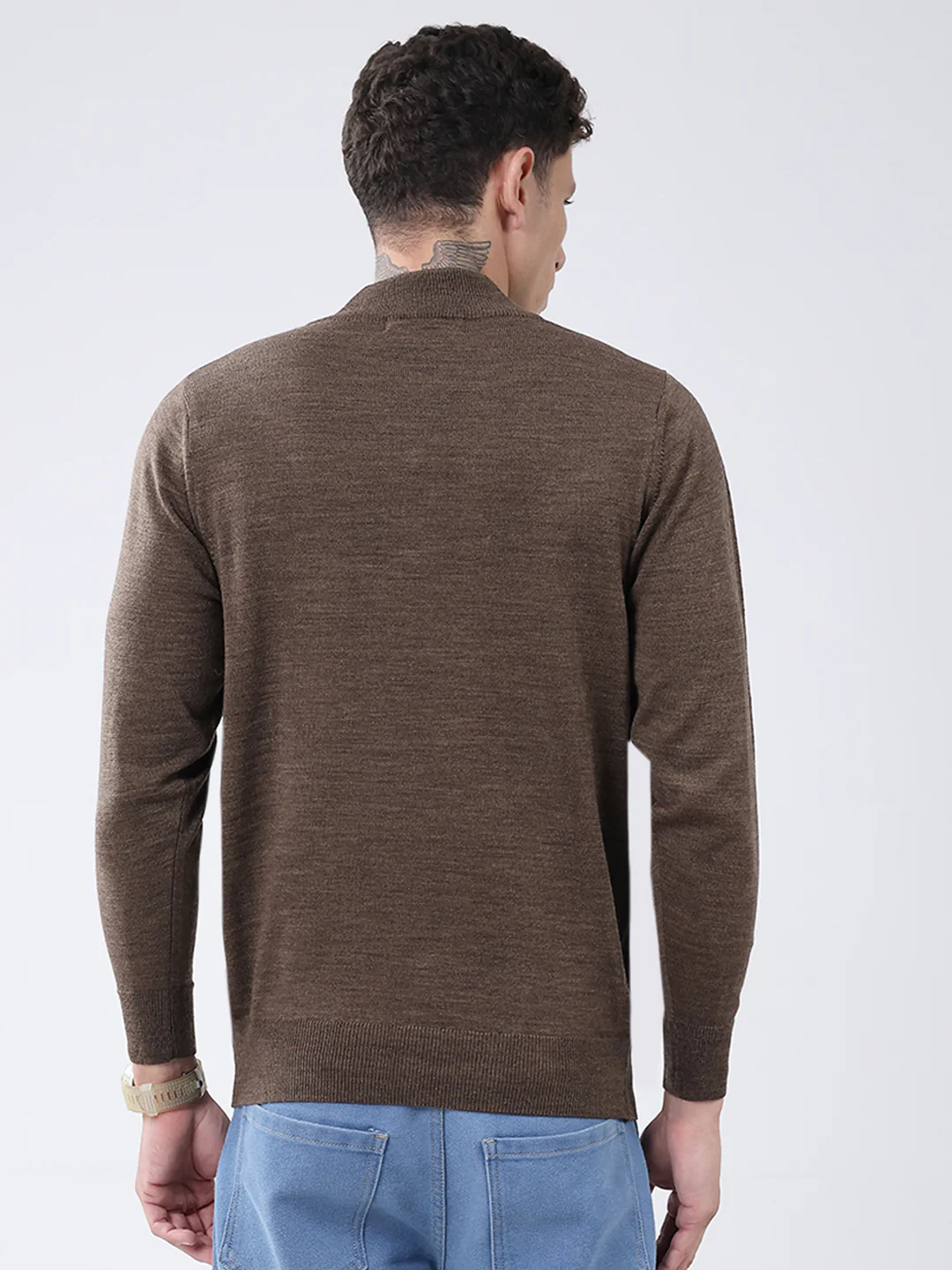 Men Brown Solid Mock Neck Full Sleeve Pullover - Image 5