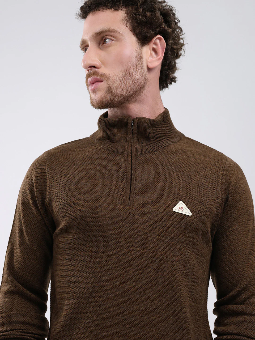 Men Brown Solid Mock Neck Full Sleeve Pullover - Image 6