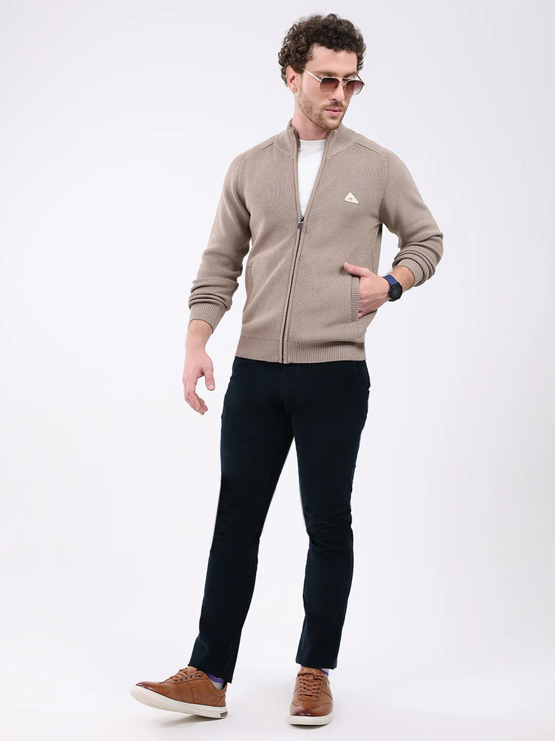 Men Brown Solid Mock Neck Full Sleeve Pullover - Image 2