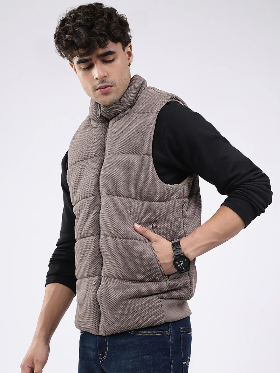 Men Brown Solid Mock Neck Sleeveless Jacket - Image 3