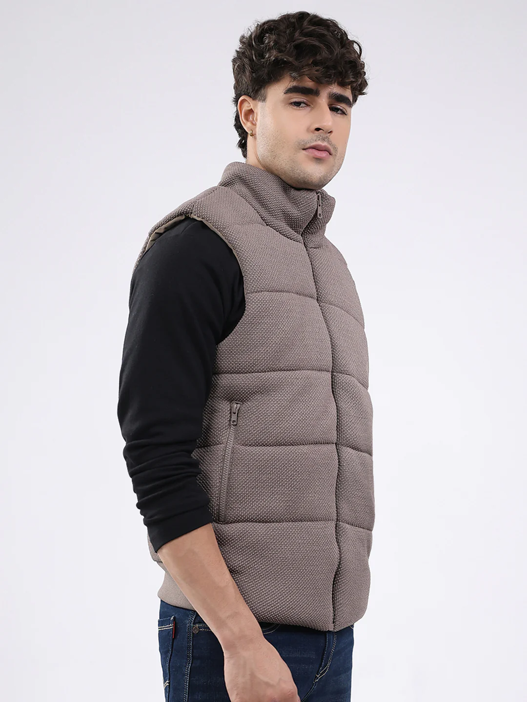 Men Brown Solid Mock Neck Sleeveless Jacket - Image 4