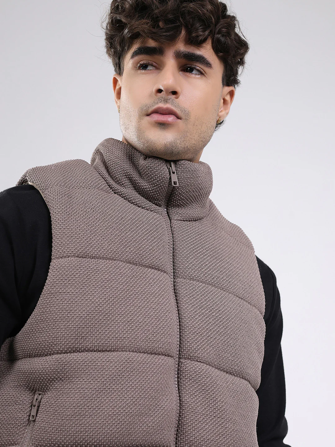 Men Brown Solid Mock Neck Sleeveless Jacket - Image 8
