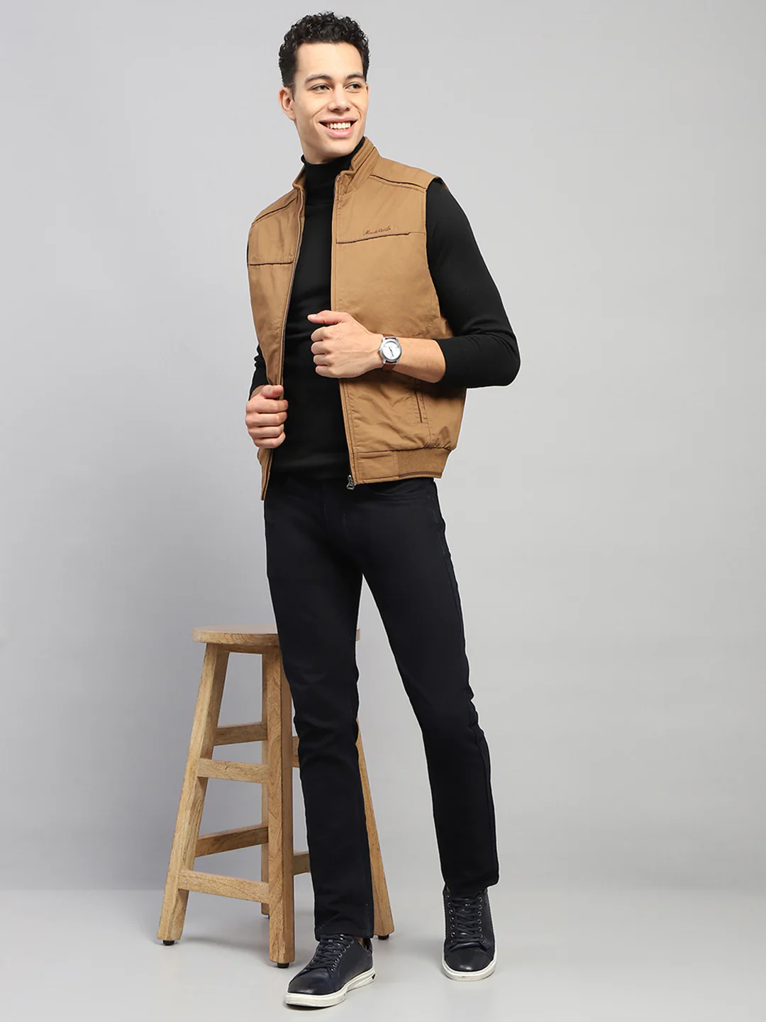 Men Brown Solid Mock Neck Sleeveless Jacket - Image 2