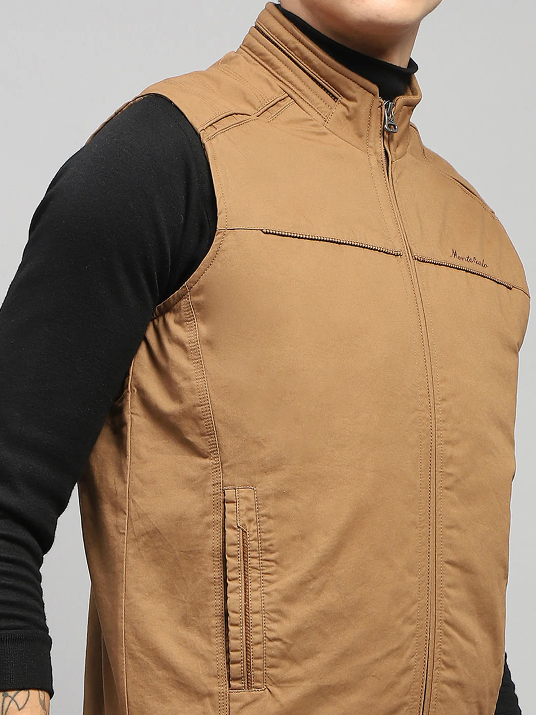 Men Brown Solid Mock Neck Sleeveless Jacket - Image 6