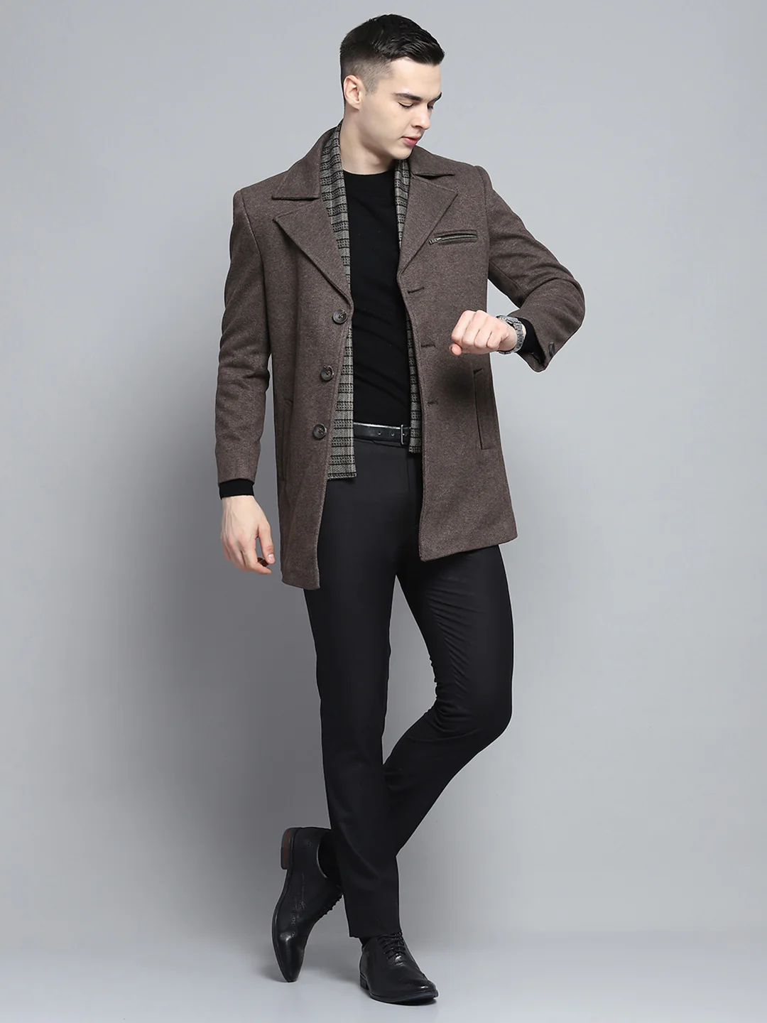Men Brown Solid Notch Lapel Collar Full Sleeve Coat - Image 2