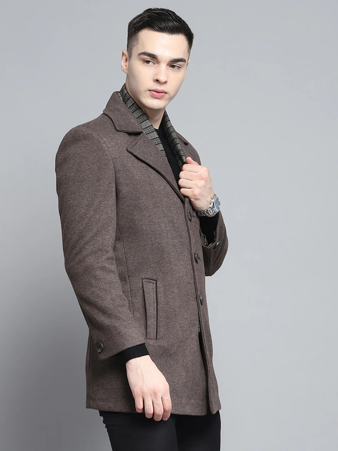 Men Brown Solid Notch Lapel Collar Full Sleeve Coat - Image 4